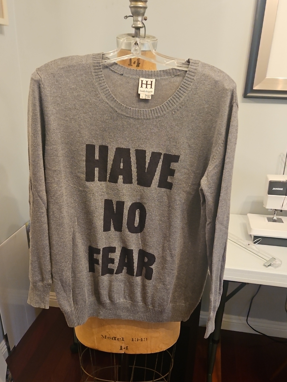 Haute Hippie Gray Crewneck Sweater with Black 'HAVE NO FEAR' Graphic
